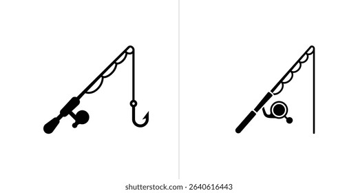 Two minimalist black silhouette images depict a fishing rod with reel and line, featuring a hook on one view, against a clean white backdrop for design.