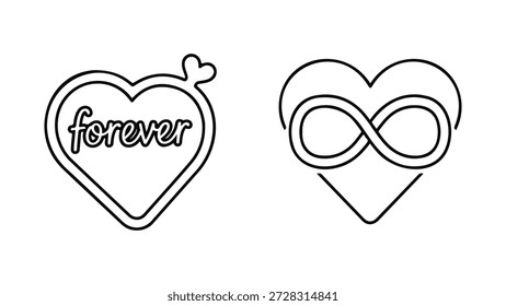 Dos dibujos minimalistas en blanco y negro se presentan uno al lado del otro. La Imagen izquierda presenta una forma de corazón con un corazón Pequeño unido a la curva superior, que se asemeja a una cerradura. Dentro del corazón, la palabra "para siempre" está escrita en una fuente estilizada y cursiva. La Imagen derecha también representa una forma de corazón, pero esta vez contiene un símbolo del infinito entrelazado dentro de su contorno, que simboliza el amor eterno o la conexión. Ambos diseños son simples, limpios e icónicos.