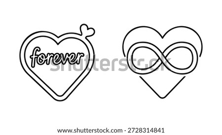 Two minimalist black and white line art drawings are presented side-by-side. The left image features a heart shape with a small heart attached to the top curve, resembling a lock. Inside the heart, the word 'forever' is written in a stylized, cursive font. The right image also depicts a heart shape, but this time it contains an infinity symbol intertwined within its outline, symbolizing eternal love or connection. Both designs are simple, clean, and iconic.