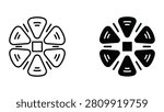 Two minimalist black and white wheel icons featuring geometric spokes and triangular segments in clean line art style.