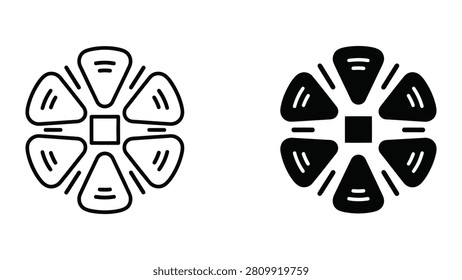 Two minimalist black and white wheel icons featuring geometric spokes and triangular segments in clean line art style.