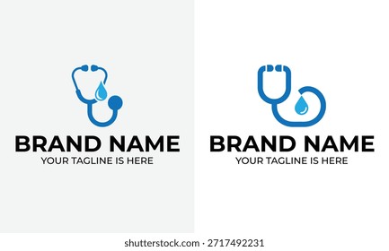 Dos logotipos de estetoscopio azul minimalista con una gotita de agua integrada en el diseño se muestran sobre un fondo blanco.