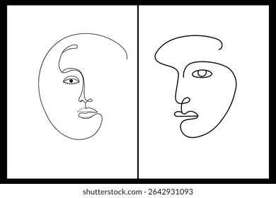 Two minimalist face illustrations in black lines on a white background, creating an abstract and modern aesthetic.