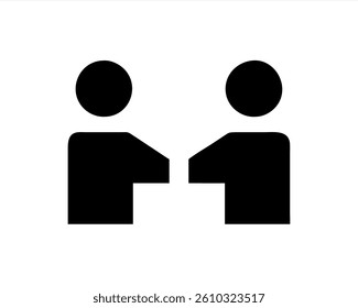 Two minimalist figures are shown facing each other at a table, symbolizing dialogue and collaboration in a professional meeting environment. This interaction emphasizes communication.