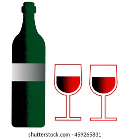 Two minimalist flat red glass with green bottle of wine on a white background.