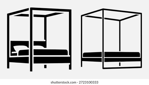 Dos camas minimalistas de cuatro postes con colchones y almohadas simples, una con una almohada y otra sin almohada, en un diseño limpio y moderno.