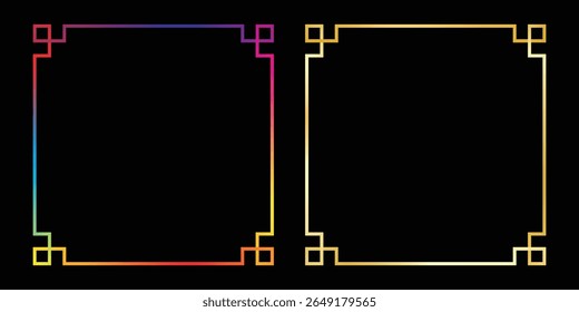 Two minimalist frames are displayed against a black backdrop. The left frame boasts a gradient color scheme, while the right frame is a solid gold color, both are graphic elements.