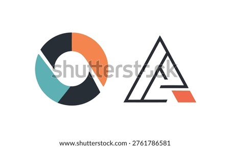 Two minimalist geometric abstract logos with distinct color palettes, one circular and one triangular