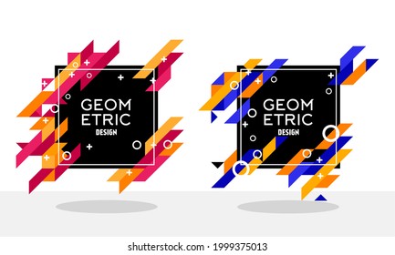 Two minimalist geometric designs with black square centers surrounded by vibrant diagonal strips in red, orange, yellow, blue, and magenta with small circles and crosses accenting the layout.