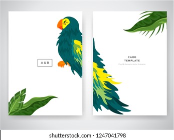 Two Minimalist green bright parrot wedding invitation card template design vector, tropical anemone parrots on white background, Vertical event invitation card design frame with tropic parrot