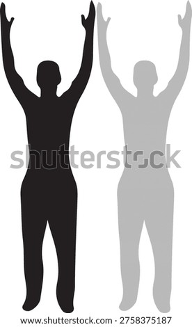 Two minimalist human silhouettes, one black and one light grey, stand side-by-side with arms raised upwards, symbolizing aspiration or praise.