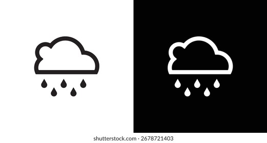 Dos iconos minimalistas de una nube con gotas de lluvia que caen, presentados uno al lado del otro sobre un fondo blanco y gris oscuro.