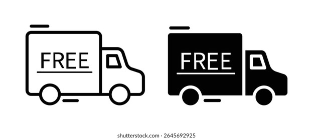 Dois ícones minimalistas de um caminhão de entrega, um delineado e um preto sólido, ambos apresentando a palavra FREE proeminentemente exibido na área de carga.