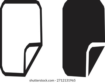 Two minimalist icons depict a document or page with a curled bottom-right corner, one as an outline and the other as a solid black silhouette.