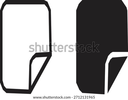 Two minimalist icons depict a document or page with a curled bottom-right corner, one as an outline and the other as a solid black silhouette.