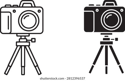 Two minimalist icons of a digital camera mounted on a tripod, presented in both outline and solid black styles.