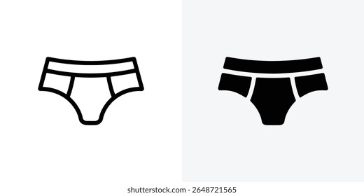 Dois ícones minimalistas retratam cuecas masculinas uma é um simples desenho de linha, a outra uma silhueta preta sólida, apresentada lado a lado em um fundo brilhante.