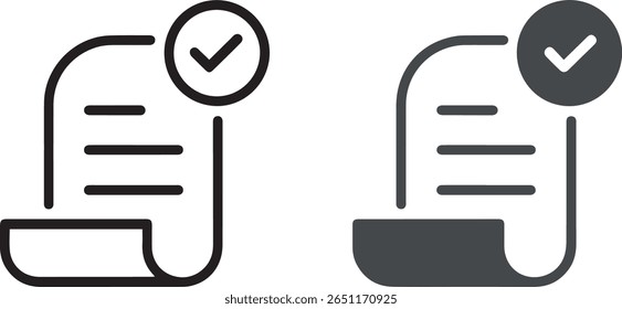 Dois ícones minimalistas representando um documento com uma marca de seleção. Um ícone é preto e branco, o outro é uma silhueta cinza escuro, ambos significando conclusão ou aprovação.