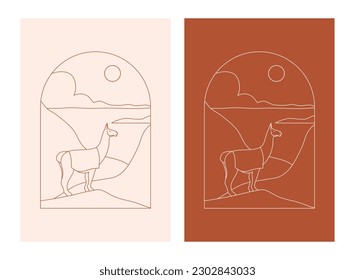 Two minimalist images of llamas against the background of the Peruvian mountains.