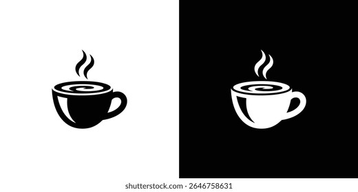 Two minimalist images showing coffee cups with steam, one black on white and the other white on black. Ideal for illustrating concepts of contrast or design inspiration.