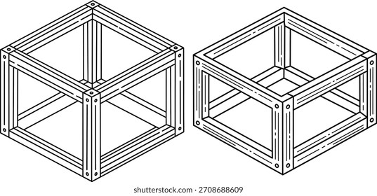Dois desenhos isométricos minimalistas mostrando estruturas básicas de cubo aberto montadas de vigas presas com parafusos. Ideal para diagramas educacionais ou conceitos de engenharia de base.