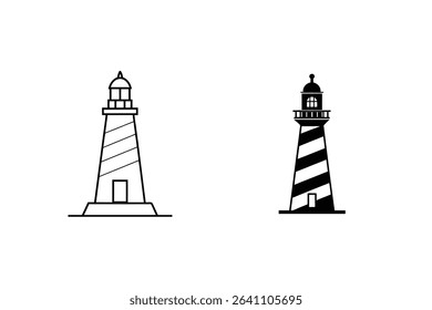 Two minimalist lighthouse designs in black and white color scheme on a clean white background