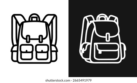 Two minimalist line art backpack icons, one black on white and one white on black, vector illustration.