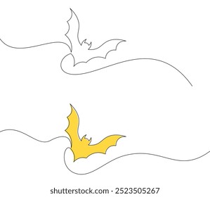 Two minimalist line art bats, one filled with yellow, flying in a simple abstract style. Vector illustration for Halloween or decorative art.