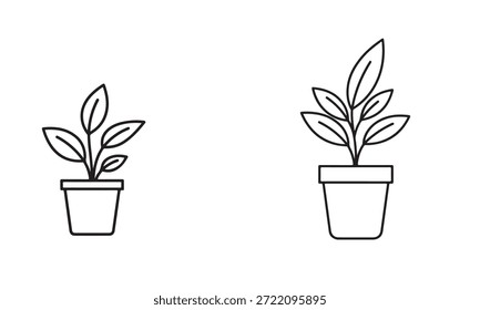 Two minimalist line art illustrations depict potted plants, one smaller with four leaves and another larger with five leaves, symbolizing growth and nature.
