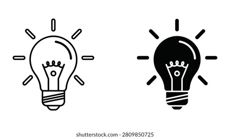 Two minimalist line art light bulbs illustrating on and off states with glowing and dim filaments for creative ideas.