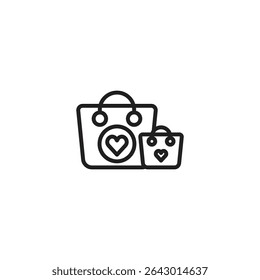 Two minimalist line art shopping bags, one larger than the other, each featuring a heart symbol. Represents loved shopping, favorite purchases, or heartfelt gifts.