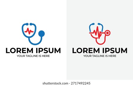 Dois ícones de logotipo minimalista com um estetoscópio com uma linha de batimento cardíaco vermelho. Um é azul, o outro vermelho, ambos em um fundo branco com texto de espaço reservado.