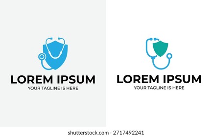 Dos logotipos minimalistas con un escudo combinado con un estetoscopio en azul y verde azulado. El texto del marcador de posición es visible debajo de cada logotipo.