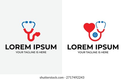 Dos logotipos minimalistas con estetoscopios en rojo y azul. Un estetoscopio es un contorno simple, el otro incorpora un corazón rojo. Ambos tienen texto "Lorem Ipsum" y "Tu lema está aquí".