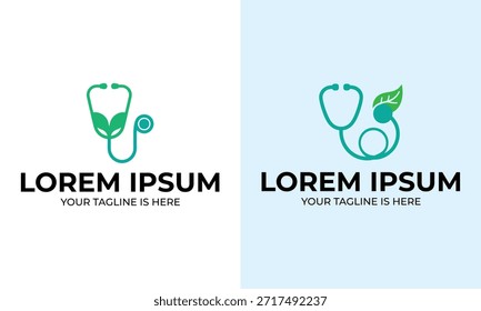 Zwei minimalistische Logos mit einem Stethoskop aus Teal, verflochten mit grünen Blättern und Platzhaltertext auf weißem und hellblauem Hintergrund.
