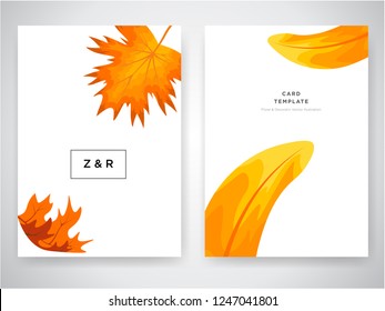 Two Minimalist orange autumn floral leaves wedding invitation card template design vector, tropical anemone autumn leaf on white background, Vertical event invitation card design frame