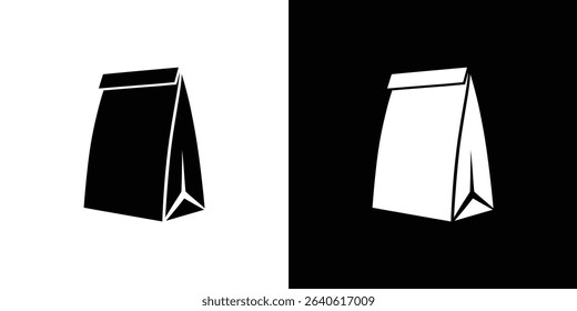 Two minimalist paper bag icons are presented. One is a black paper bag on a white background and the other is a white paper bag on a black background.