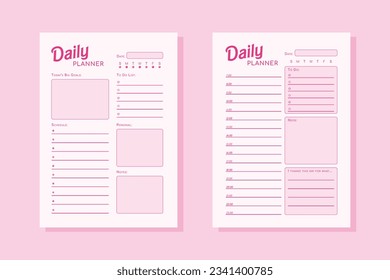 Two minimalist pink daily planners in same doll style. Simple design of organizer schedule page with to do list for day for effective planning