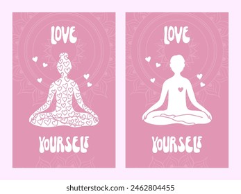 Dos carteles minimalistas con una silueta de pose de loto de yogin meditando, acompañado de Love Yourself diciendo. Fomentar la autoaceptación y la paz interior a través de prácticas de yoga de atención plena.