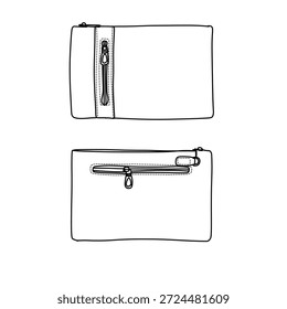 Se muestran dos diseños de bolsas minimalistas, con líneas limpias y cierres de cremallera. Las bolsas se renderizan en blanco y negro, enfatizando su diseño simple y funcional.
