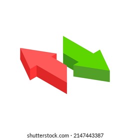 Two minimalist red and green arrows pointing different direction isometric vector illustration. Dynamic destination path symbol of exchange, choice, marketing point, career way, making decision