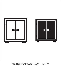 Two minimalist representations of a cabinet, one outlined and one filled.