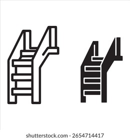 Duas representações minimalistas de uma escadaria, uma contornada e uma preta sólida.
