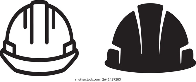 Two minimalist safety helmet icons representing construction work and protection against injury with outlined and solid fill styles