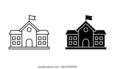 Two minimalist school building icons featuring a flag on the roof