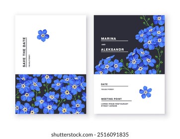 Dos Plantillas minimalistas con flores azules de olvidar-me-not sobre un fondo oscuro. Puede utilizar el espacio de texto como desee. La Plantilla Guardar está diseñada para tarjetas de felicitación, invitaciones de boda, la fecha