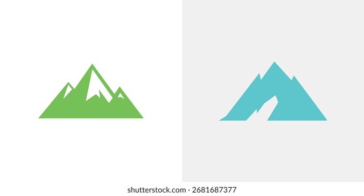 Dois logotipos triangulares minimalistas, um verde com picos de montanha e grama, o outro azul lembrando uma tenda.