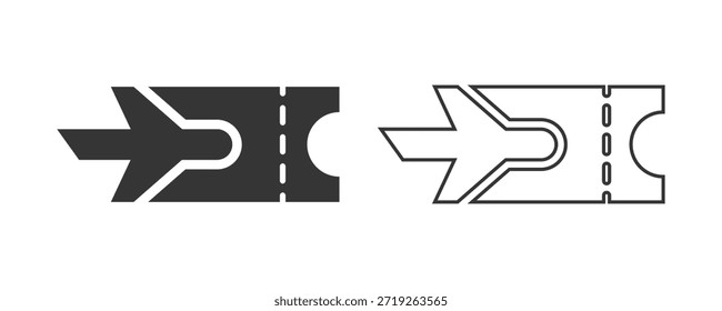 Dos iconos vectoriales minimalistas de un boleto de avión o tarjeta de embarque, uno sólido y un contorno, que representan viajes, reservas y reservas de vuelos. Ideal para Web y diseño App.