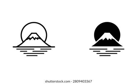 Two minimalist vector icons featuring Mount Fuji with a sun backdrop and water reflection, designed as elegant symbols for travel, Japanese culture, or landscape branding.