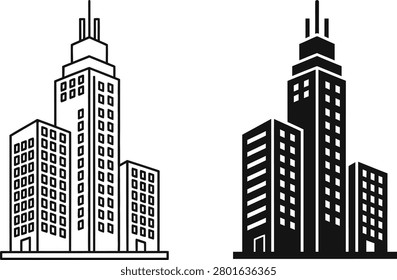 Two minimalist vector illustrations of contemporary skyscrapers and smaller adjacent structures conveying corporate architecture and urban development. Ideal for business presentations.